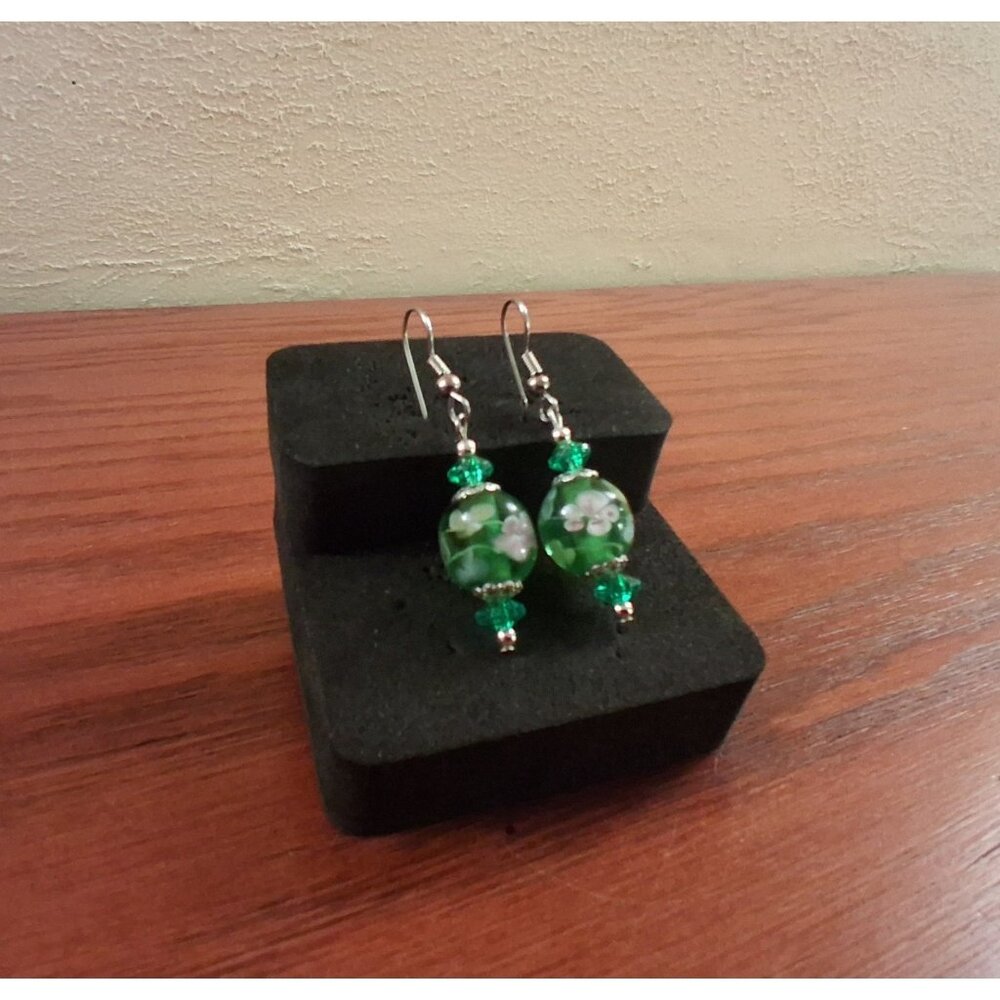 Green Floral Lampwork Earrings Artisan Glass Vintage Dangle Drop